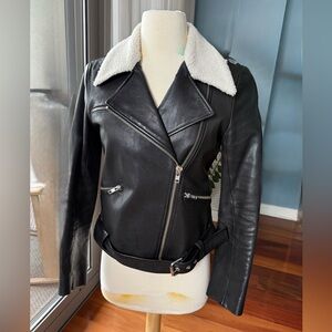 A.L.C. Black Leather Jacket with Cream Collar